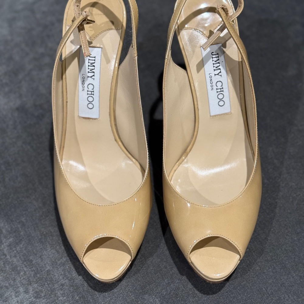 Jimmy Choo Luna 4" stiletto peep toe heels, tan patent leather, SZ 8.5